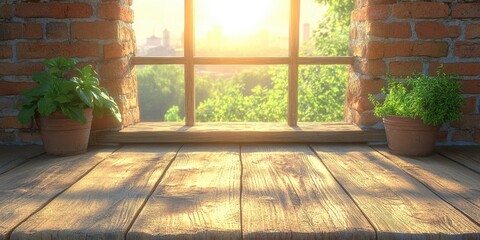 A wooden deck with two potted plants flanking a window, allowing the warm glow of the setting sun to stream through the window and illuminate the scene.