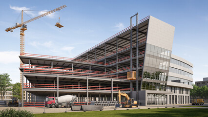 Poster - construction site with crane. 3D rendering