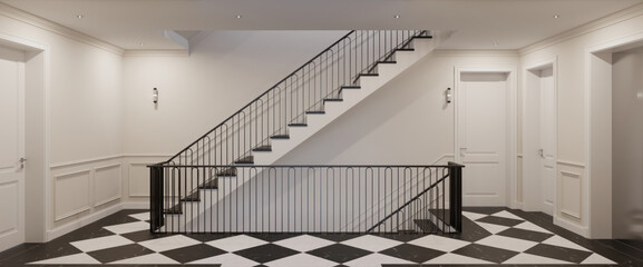 Poster - staircase in a modern house. 3D rendering