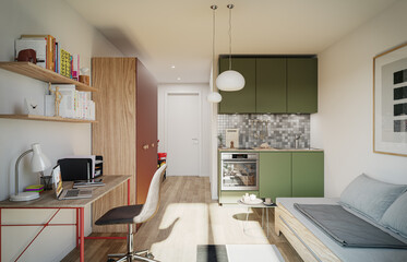 Poster - Modern student apartment interior. 3D Rendering.