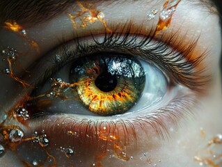 Sticker - Close-Up of a Human Eye with Water and Gold Reflections