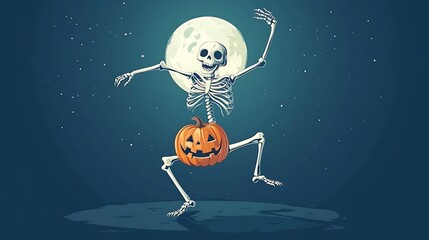 Skeleton Dancing with Jack O Lantern under Full Moon