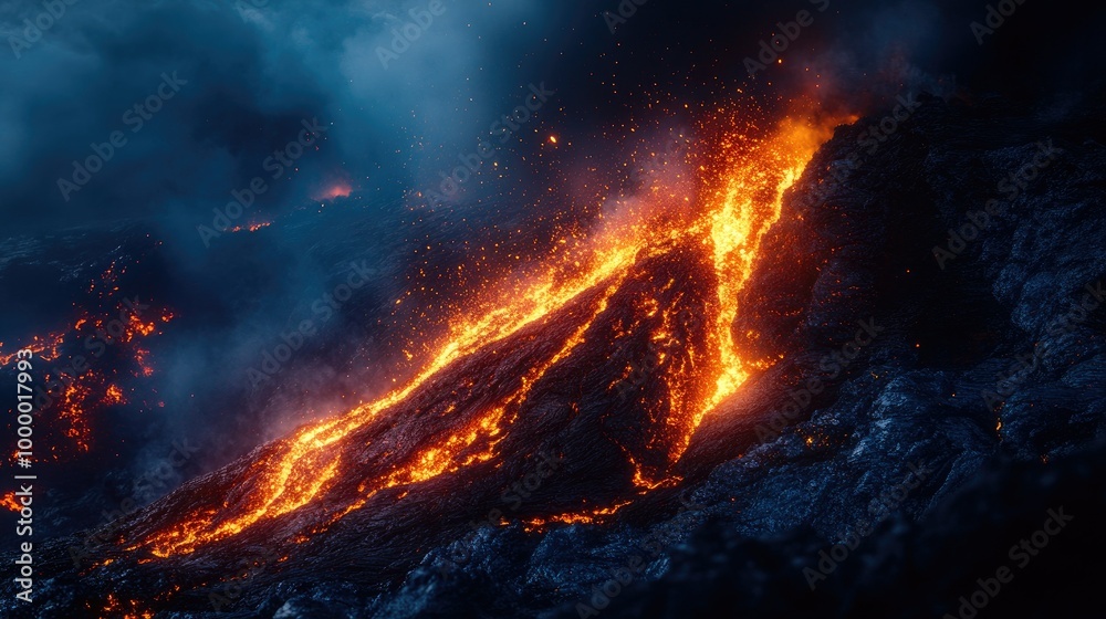 Lava flowing down the side of a volcano during an eruption, with clear ...