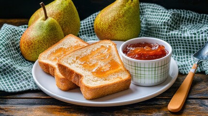 Wall Mural - Fresh homemade pear jam on breakfast bread with pear fruit