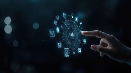 Poster - Animated concept of a digital assistant in the form of a hologram guiding a hand to various icons, [Virtual Help, Workflow Management] 
