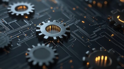 Poster - Abstract hologram of interconnected gears symbolizing seamless online workflow automation, [Efficiency, Digital Assistance]