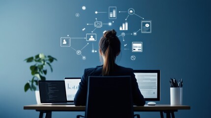 Poster - Person in a home office setting, surrounded by devices showing various productivity apps, [Online Assistance, Workflow Management] 