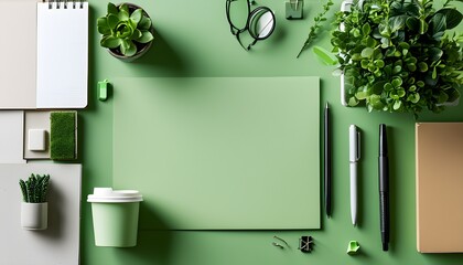 Wall Mural - Sustainable Office Supplies in a Minimalist Green Flat Lay Design with Ample Copy Space