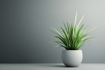 A Single Potted Plant with Green and White Striped Leaves Against a Grey Wall