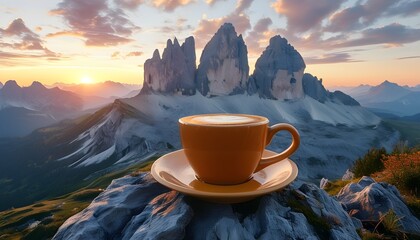 Wall Mural - Solitary Coffee Experience on Majestic Mountain Peak, Embracing Adventure and Tranquility in a Breathtaking Landscape