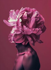 Wall Mural - Woman s silhouette with a large pink flower as a head, creating a surreal and artistic effect against a vibrant pink background