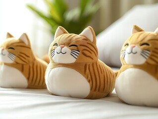 Canvas Print - Cute Plush Cat Toys on White Bed.