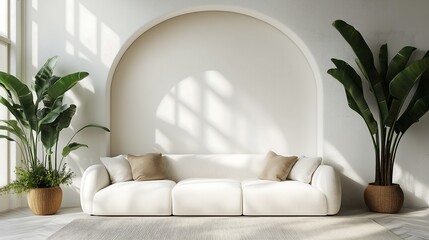 Wall Mural - Minimalist living room design, white walls and a blank space for mockup, modern white sofa with subtle decorations 