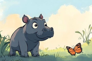 Cute Pygmy Hippo Calf Playing With Butterfly Illustration.