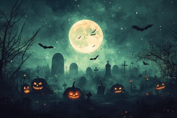 Wall Mural - Haunted background with illustrations of pumpkins, a cemetery and bats in the middle of a full moon. Premium illustration for banners, posters, greetings and Halloween celebrations - generative ai