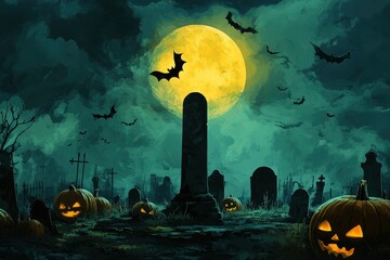 Wall Mural - Haunted background with illustrations of pumpkins, a cemetery and bats in the middle of a full moon. Premium illustration for banners, posters, greetings and Halloween celebrations - generative ai