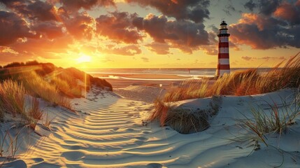 Wall Mural - Scenic beach landscape at sunset with a lighthouse and dune grasses in the foreground