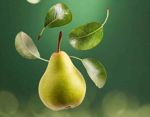 fresh ripe green pear with leaves falling in the air, isolated on green background