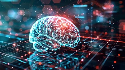Poster - Digital brain is glowing on a dark background, representing the concept of artificial intelligence and neural network research. The image inspires innovation in the field of cognitive computing