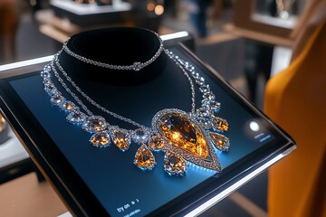 Poster - 3D digital jewelry display, where users can zoom in on a necklaceâ€™s details, explore gemstone cuts, and virtually â€œtry onâ€ the jewelry in an interactive experience