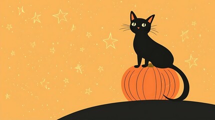 Black Cat Sitting on a Pumpkin with Stars