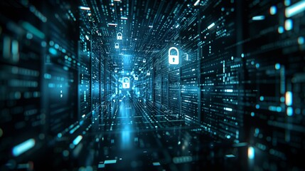 Poster - Digital background featuring digital padlock symbols on data center screens, creating an atmosphere of security and cyber locking technology.