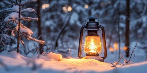 Wall Mural - A glowing lantern shines brightly in a winter forest. Snow blankets the ground while trees stand silently in the background. This cozy scene evokes warmth and tranquility. AI