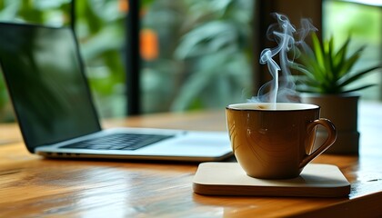 Wall Mural - Energizing Coffee Cup Sparks Creativity on Minimalist Office Desk with Laptop and Lush Greenery