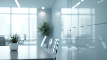 Poster - Modern office interior featuring a plant and sleek furniture design.