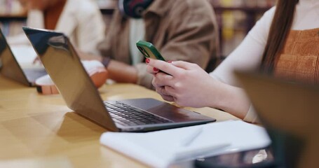 Poster - Research, phone and laptop with hands of woman in library for knowledge, education and college thesis. Academy, future and university with person and studying for exam, project and scholarship