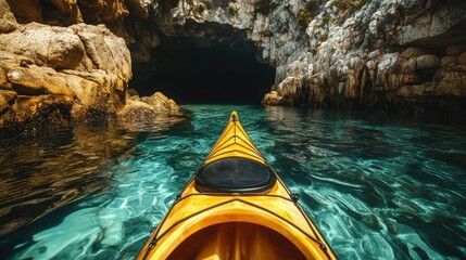 Wall Mural - Kayak boat with rocky cave in tropical sea water