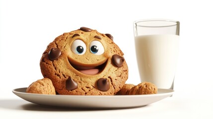 Wall Mural - A cheerful cartoon cookie with chocolate chips sits next to a glass of milk on a plate.