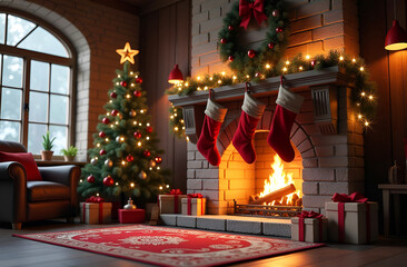 Wall Mural - room with a fireplace decorated for christmas
