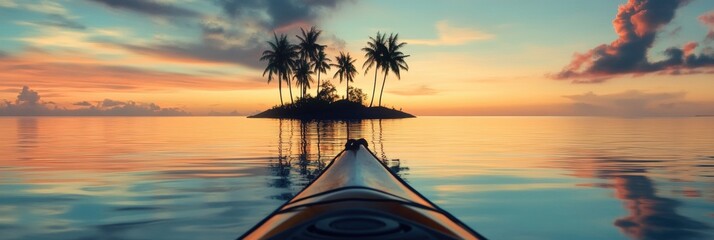 Wall Mural - Kayak boat in tropical sea water with small island and coconut trees at sunset