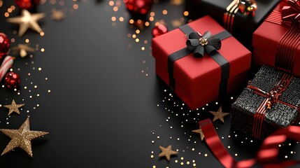 A black and red box with a bow on top sits on a black background. The box is surrounded by a starry background and other red and black boxes. The image conveys a festive and celebratory mood