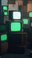 Poster - vertical 3d rendered stack of classical old televisions, green screen tv monitors vintage chrome key TVs in modern room location set design video element dynamic scene reel background