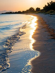 Wall Mural - a serene sandy beach with gentle waves lapping at the shore as the sun sets over the horizon, creati