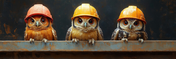 Canvas Print - Three owls wearing hard hats look intently at the camera.