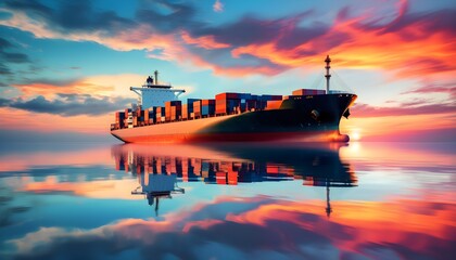 Wall Mural - Vibrant sunset hues reflecting on the ocean as a cargo ship navigates through tranquil waters