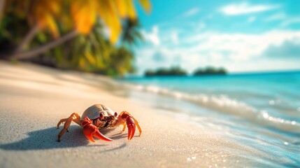 Wall Mural - A hermit crab on a sandy beach with a vibrant ocean backdrop.