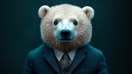 A polar bear in a suit stares intently at the camera.