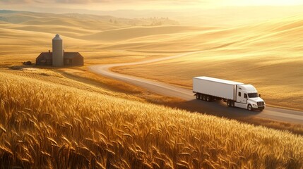 Canvas Print - A truck drives through golden fields near a barn in a tranquil rural landscape.