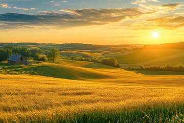 Canvas Print - A serene landscape at sunset with golden fields and a rustic house.