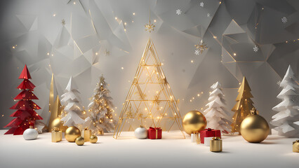 3D rendering of a modern Christmas scene with a sleek, minimalist design.
