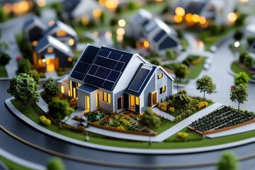 Aufkleber - 3D digital model of a sustainable neighborhood, where users can explore homes powered by solar energy, community gardens, and eco-friendly infrastructure