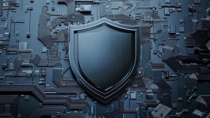 Poster - A shield symbol against a backdrop of intricate circuit patterns, representing security and technology.