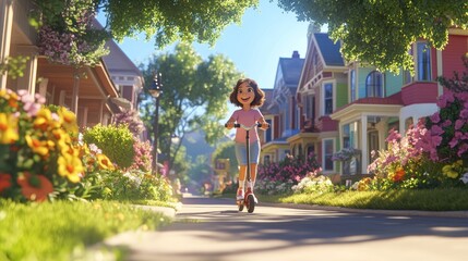 Poster - A cheerful girl rides a scooter down a vibrant, flower-lined street in a friendly neighborhood.