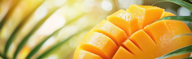 Wall Mural - Close-up of a ripe mango with cut segments, showcasing its vibrant color and texture.