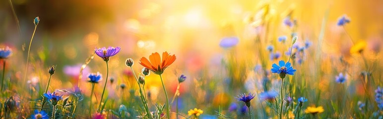 Poster - A vibrant field of colorful wildflowers glowing in warm sunlight.