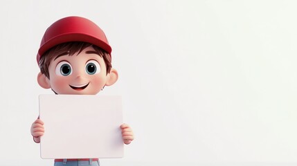 Sticker - A cheerful cartoon boy in a red cap holding a blank sign, inviting messages or creativity.